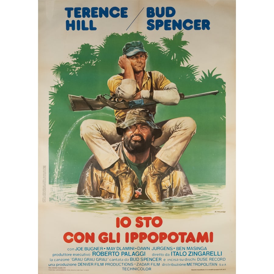 'Io Sto con gli Ippopotami': [Bud Spencer e Terence Hill] Prima Edizione Italiana, 1979 by Casaro Renato Artwork Edito Rotolitografica, Roma Formato 2F [h 140 x L 100 cm] Telato Professionalmente Status Report A