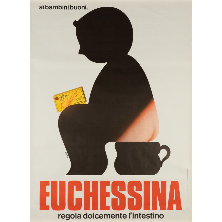 'Euchessina' [Bambino sul Vasetto]: Manifesto Offset [Non Telato] by Testa Armando Edito Grafiche Zeppegno, Torino Epoca 1975 ca. Misure h 140 x L 100 cm Status Report A/B