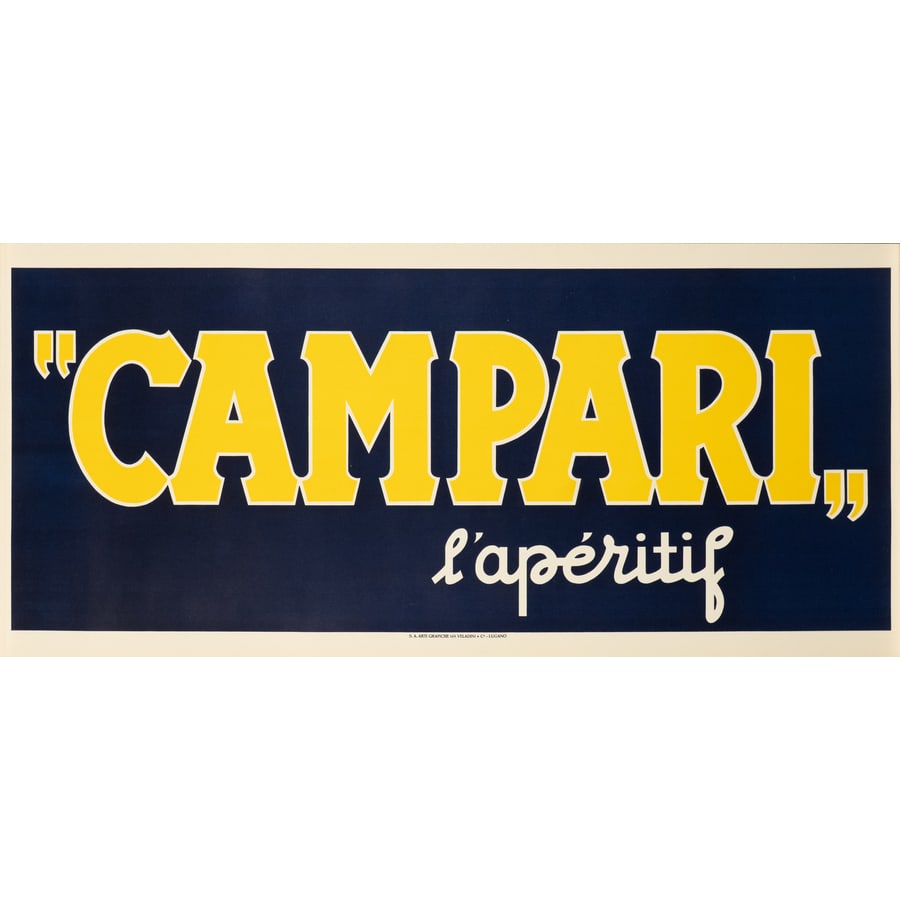 'Campari l'Aperitif': Banner Offset [Non Telato] Anonimo Edito S.A. Arti Grafiche già Veladini & C., Lugano Epoca 1970 ca. Misure h 40 x L 90 cm Status Report A