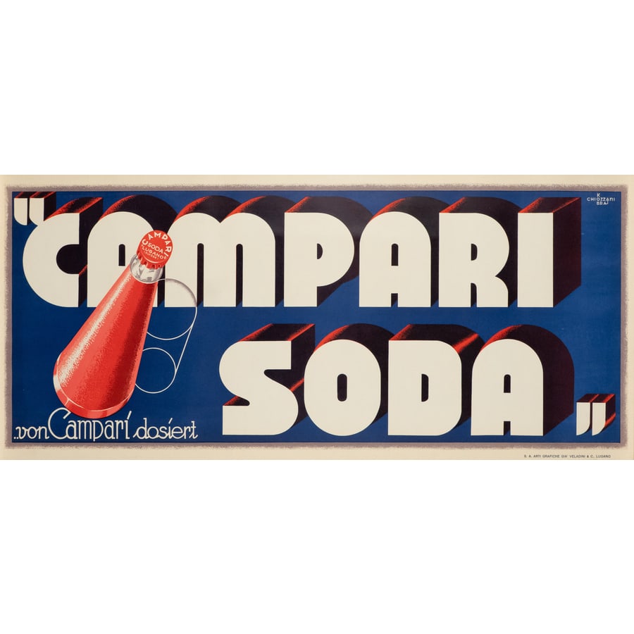 'Campari Soda': Banner Litografia [Non Telato] by Chiozzani Kobra Edito S.A. Arti Grafiche già Veladini & C., Lugano Epoca 1940 ca. Misure h 40 x L 90 cm Status Report A-