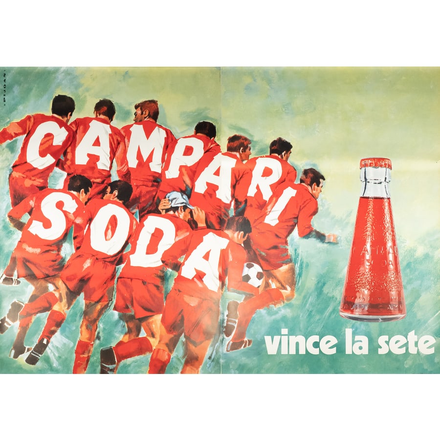 'Campari Soda, Vince la Sete' [La Squadra]: Manifesto Offset [Non Telato] by Pijoan Edito IGAP, Milano Epoca 1973 Misure h 140 x L 200 cm Status Report A/B