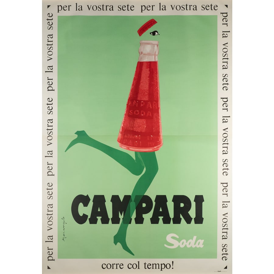 'Campari Soda': [La Bottiglietta che Corre] Manifesto Litografia Offset [Telato] by Marangolo Franz Edito IGAP, Milano Epoca 1968 Misure h 200 x L 140 cm Status Report A