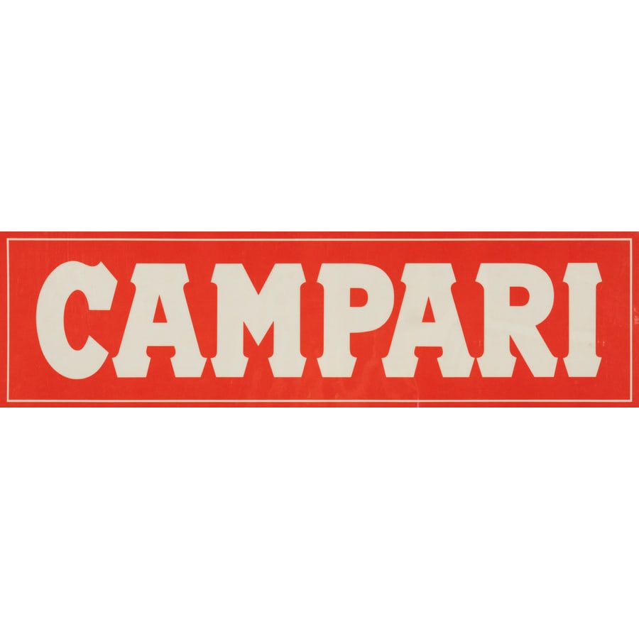 'Campari' [2]: Nr. 2 Vetrofanie da Affissione su Carta Ufficiali Campari Advertising Epoca 1970 ca. Misure: h 11 x L 28 cm / h 16 x L 58 cm Condizioni Ottime