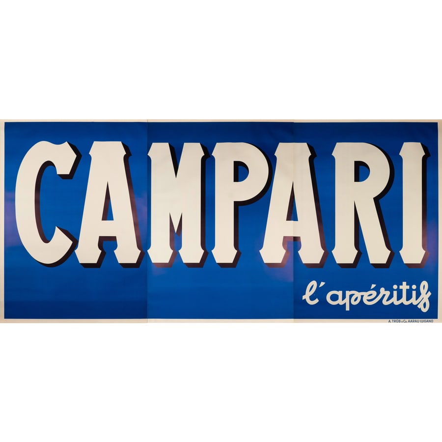 'Campari, l'Aperitif': Manifesto Banner Offset [Non Telato] Anonimo Edito A. Trub & Co., Aarau-Lugano Epoca 1970 ca. Misure h 92 x L 274 cm [3 Fogli] Status Report B/A