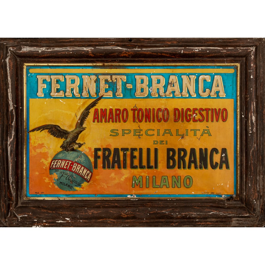 'Fernet Branca': Insegna Litografata Produttore Metalgraf, Milano Epoca 1930 ca. Misure h 35 x L 49 cm Condizioni Buone/Discrete