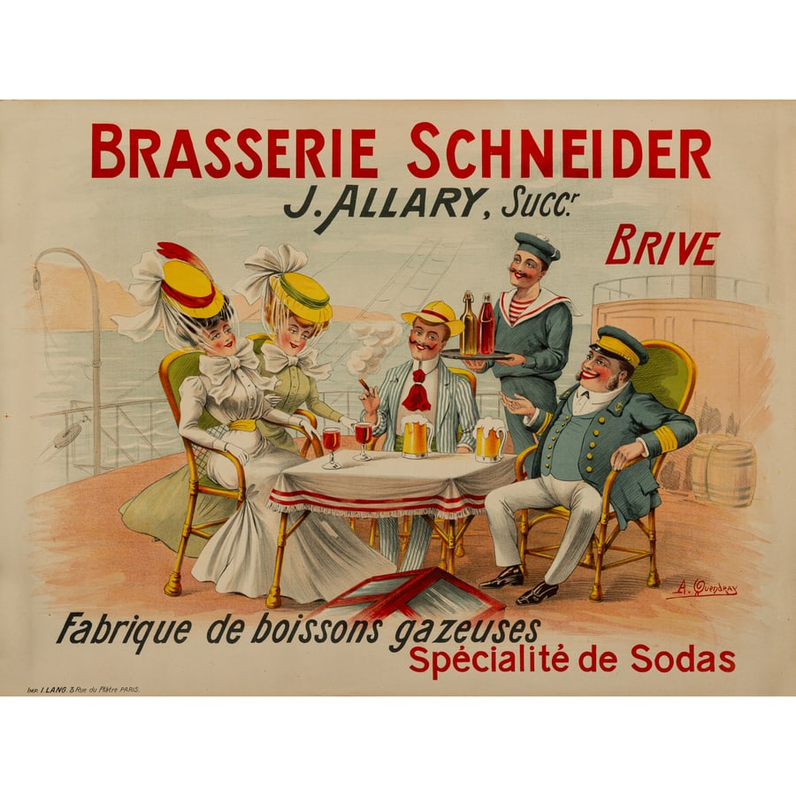 'Brasserie Schneider, J. Allary, Brive': Manifesto Litografia [Non Telato] by Quendray A. Edito Imprimerie I. Lang, Paris Epoca 1920 ca. Misure h 60,5 x L 81,5 cm Status Report B/A