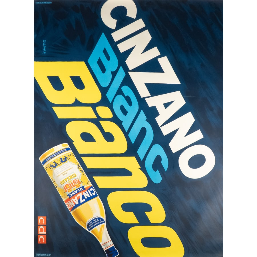 'Cinzano Bianco' [Vermouth]: Manifesto Litografia [Telato] by Vernier [Creation de Plas] Edito Chabrillac Imp., Paris-Toulouse Epoca 1966 ca. Misure h 116 x L 156 cm Status Report A-