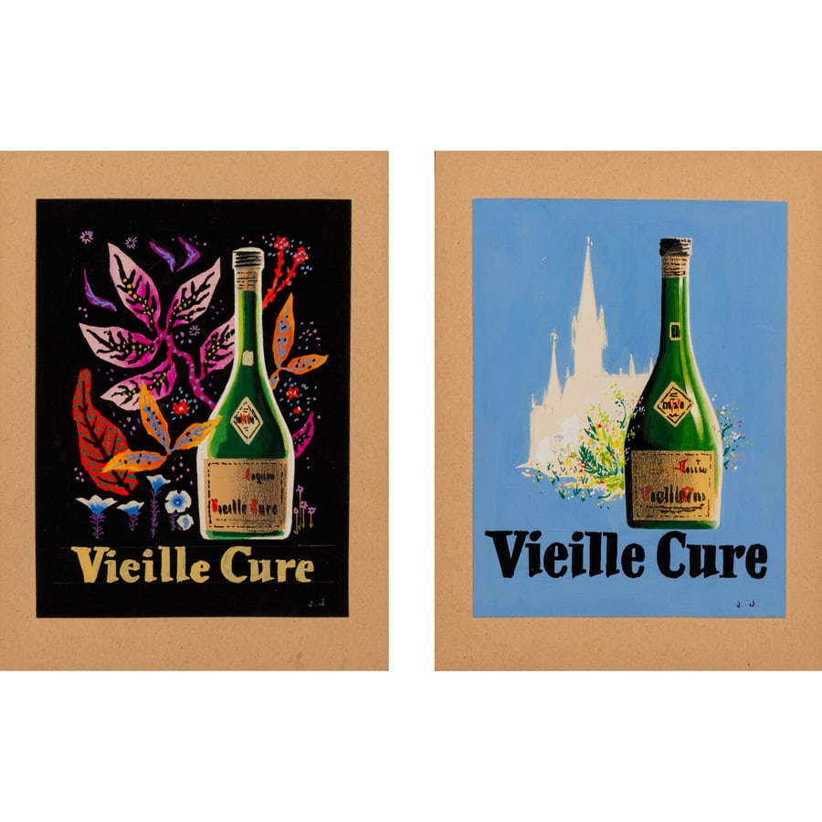 'Vieille Cure' [2]: [Project Publicitaire] Nr. 2 Bozzetti Preparatori Pubblicitari Tecniche Miste su Cartoncino incollate su CTN by Jacquelin Jean Monogrammati in Basso a Dx.: 'J.J.' A Tergo Timbro Inventario Provenienza