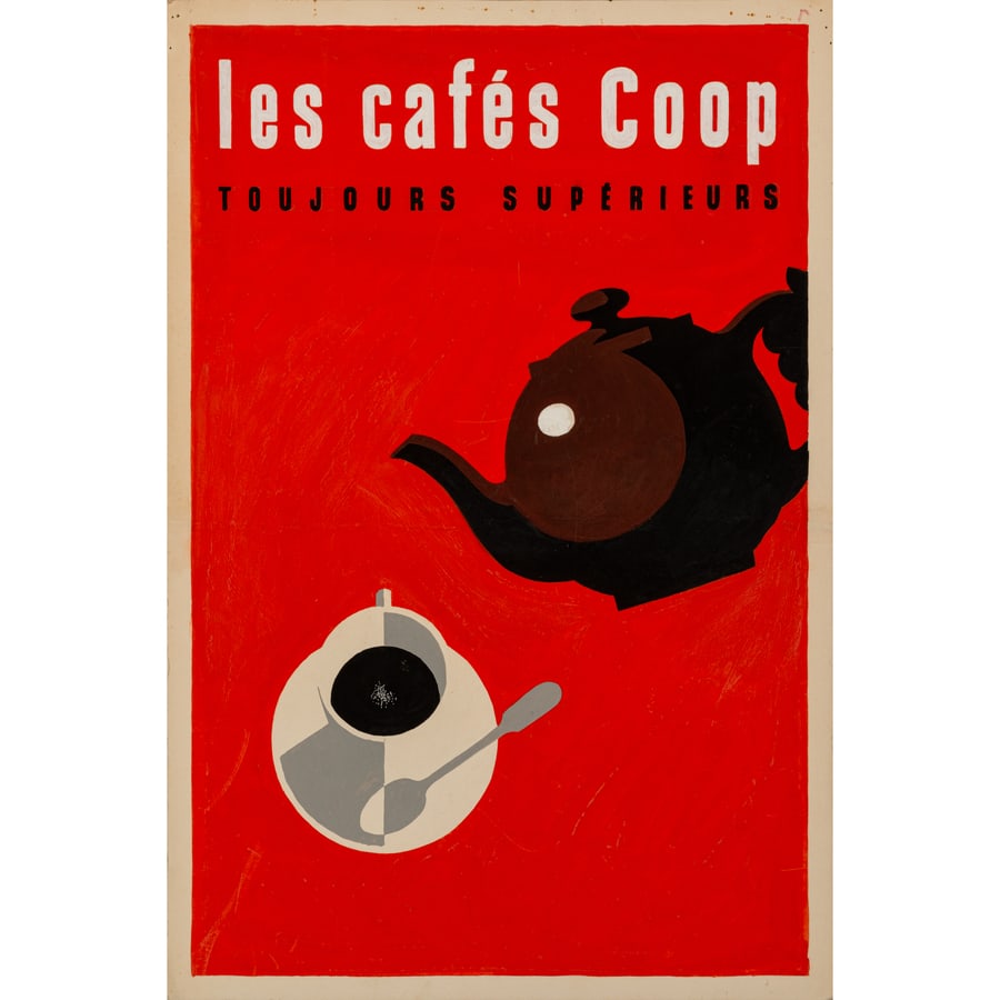 'Les Cafes Coop': [Projet Publicitaire] Bozzetto Preparatorio Pubblicitario Tecnica Mista su Cartone by Jacquelin Jean A Tergo Bozzetto a Matita 'Donna con Tazza' Epoca 1965 ca. Misure h 60 x L 40 cm Status Report A