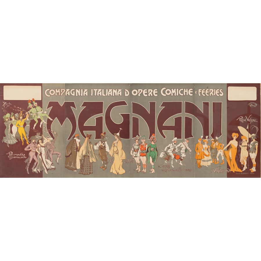 'Compagnia Opere Comiche, Magnani': Manifesto Litografia [Non Telato] by Garuti Giuseppe [Pipein Gamba] Edito Stab. E. Oliveri, Genova Epoca 1907 ca. Misure h 100 x L 277 cm [4 Fogli Separati da h 100 x L 70 cm] Status Report B/A