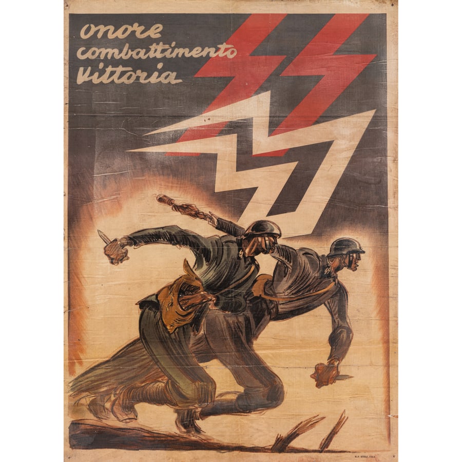 'SS Italia' [Amore-Combattimento-Vittoria]: Manifesto Cartello in Cromolitografia Incollato su Tavola Anonimo Edito N.P., Aprile 1944 Epoca 1944 Misure h 74,5 x L 54,5 cm Status Report B *** Con il termine SS Italia ci si Riferisce Solitamente