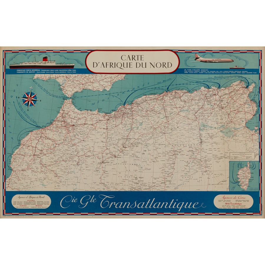 'Compagnie Generale Transatlantique' [Afrique du Nord]: Manifesto Litografia [Non Telato] by A. Lepree e M. Lezla Edito Blondel La Rougery, Paris Epoca 1962 ca. Misure h 64,5 x L 99 cm Status Report B+