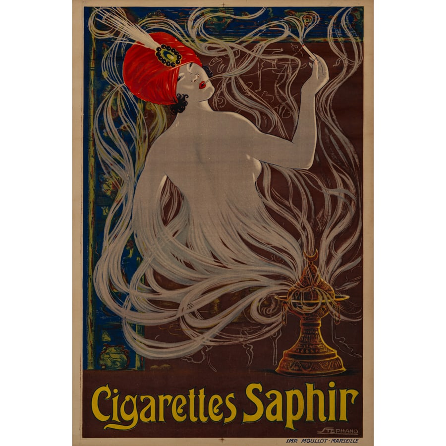 'Cigarettes Saphir': Manifesto Litografia [Non Telato] by Stephano Edito Imprimerie Moullot, Marseille Epoca 1930 ca. Misure h 120 x L 80 cm Status Report B+