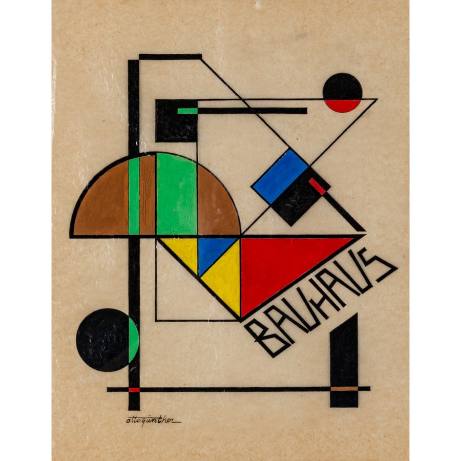'Composizione Geometrica' [Bauhaus]: Tempera e Inchiostro su Carta Lucida [Entro Cornice] [Artista Seguace del Bauhaus e del Movimento Moderno] by Gunther Otto Firmato in basso a Sx.: 'Otto Gunther' Epoca Anni '30 / '40 Misure h 39 x L 3