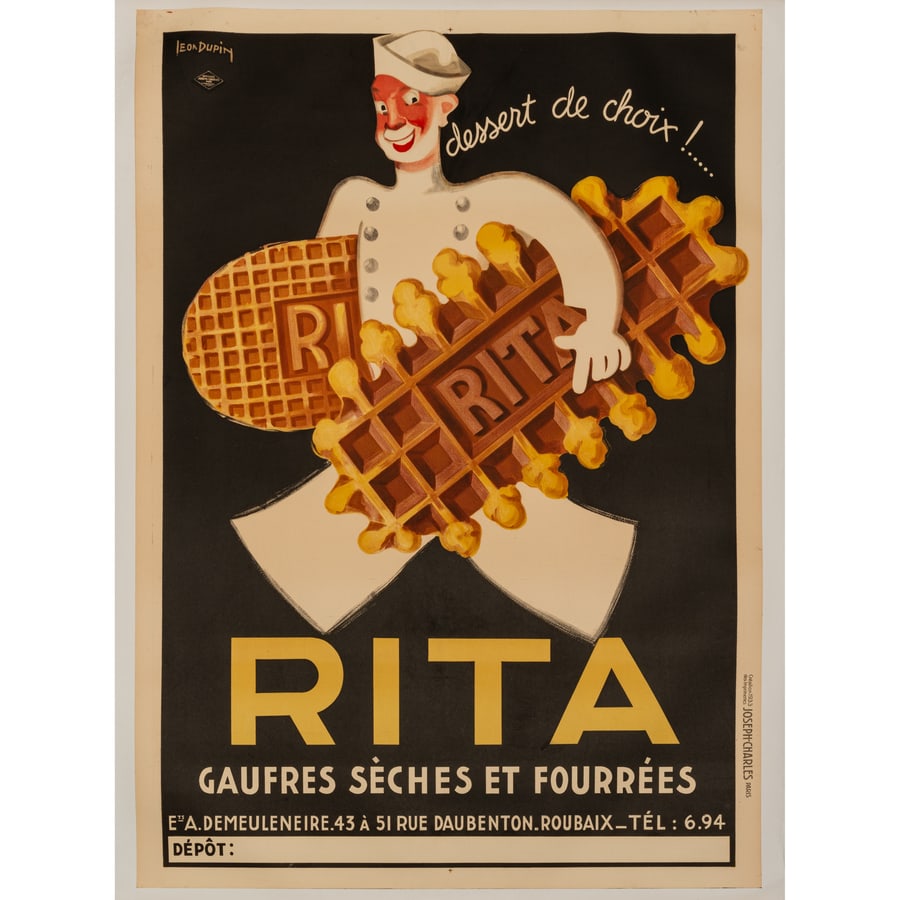 'Rita, Gaufres Seches et Fourrees': Manifesto Litografia [Telato] by Dupin Leon Edito Imprimerie Joseph-Charles, Paris Epoca 1933 ca. Misure h 140 x L 99,5 cm Status Report A-
