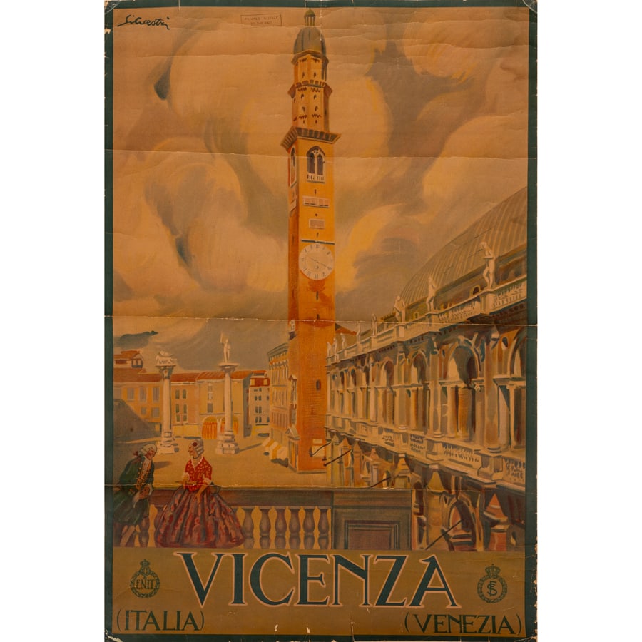 'Vicenza' [Scena Galante]: [Basilica Palladiana e Torre Bissara] Manifesto Litografia [Montato su Vecchia Telatura] [Timbro 'Printed in Italy by the ENIT] by Silvestri Tullio Stampatore non Indicato Epoca 1927 ca. Misure h