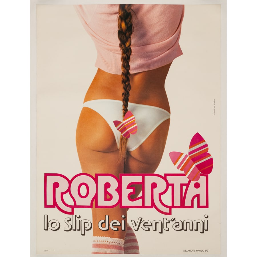 'Roberta, lo Slip dei Ventanni' [Rosa Fumetto]: Manifesto Offset [Telato] by Studio Pentagono Edito SISAR, Milano Epoca 1984 Misure h 140 x L 100 cm Status Report A
