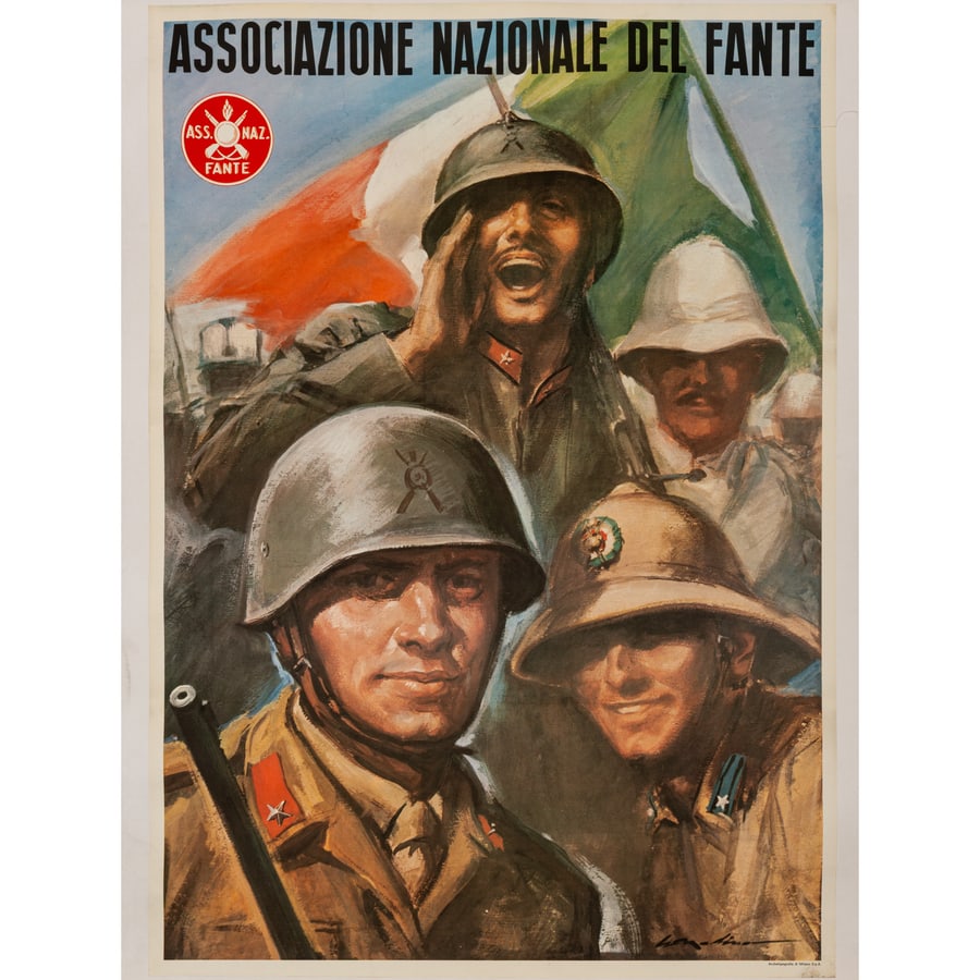 'Associazione Nazionale del Fante': [Soldati di Fanteria] Manifesto Offset [Telato] by Molino Walter detto J.W. Symes Edito Archetipografia S.p.A., Milano Epoca 1955 ca. Misure h 100 x L 69,5 cm Status Report A-