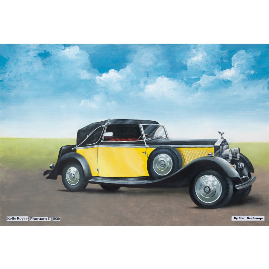 'Rolls Royce Phantom II, 1929': Progetto Olio su Cartone [Automobilia] Attribuito Deschamps Marc [Non Firmato] A Tergo Bozzetto/Disegno Misure Senza Cornice: h 74 x L 109 cm Misure con Cornice: h 78 x L 113 cm Status Report A