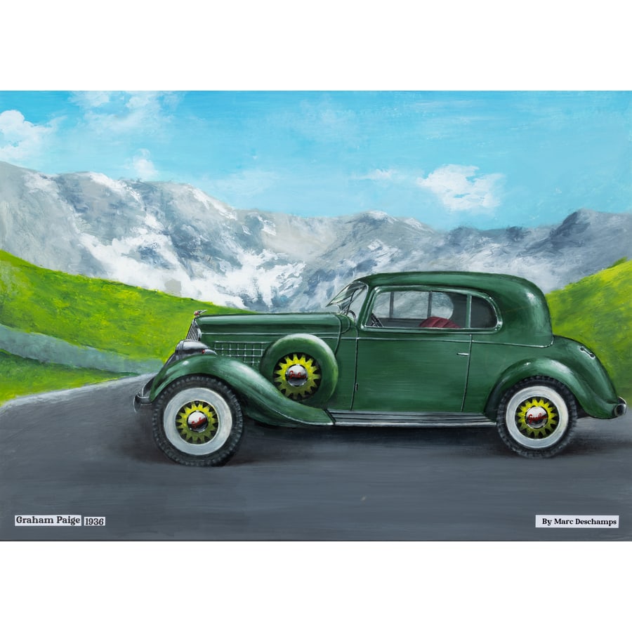 'Graham Paige, 1936': Progetto Olio su Cartone [Automobilia] Attribuito Deschamps Marc [Non Firmato] Misure Senza Cornice: h 72 x L 101 cm Misure con Cornice: h 76,5 x L 105,5 cm Status Report A
