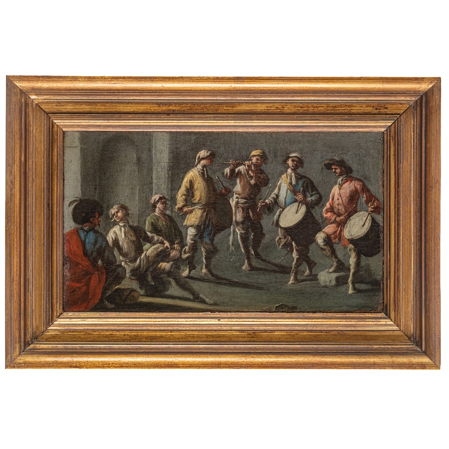 NICOLA VISO: (attivo a Napoli prima della metà del XVIII secolo) Musici di strada Il venditore di ciambelle Olio su tela, cm 19,5X34 (2) I dipinti recavano un'attribuzione ad Alessandro Magnasco, ma trovano