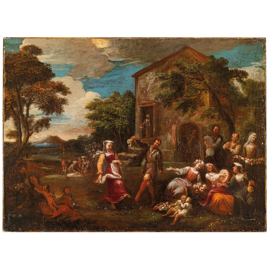 THEODOR HELMBREKER detto MONS? TEODORO: (Haarlem, 1624 o 1633 - Roma, 1696) Festa contadina con il Monte Soratte sullo sfondo Olio su tela, cm 73X98,5 Monsù Teodoro, come fu chiamato nella Città Eterna, era di origini olandesi ma