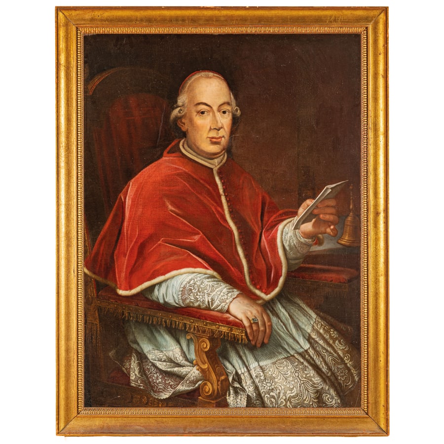 VINCENZO MILIONE: (Castrovillari, 1732 - Roma, 1805) Ritratto di Papa Pio VI Braschi Olio su tela, cm 110,5X82 Il dipinto è desunto dal modello di Pompeo Batoni oggi appartenente alla Galleria Sabauda. Clark ne