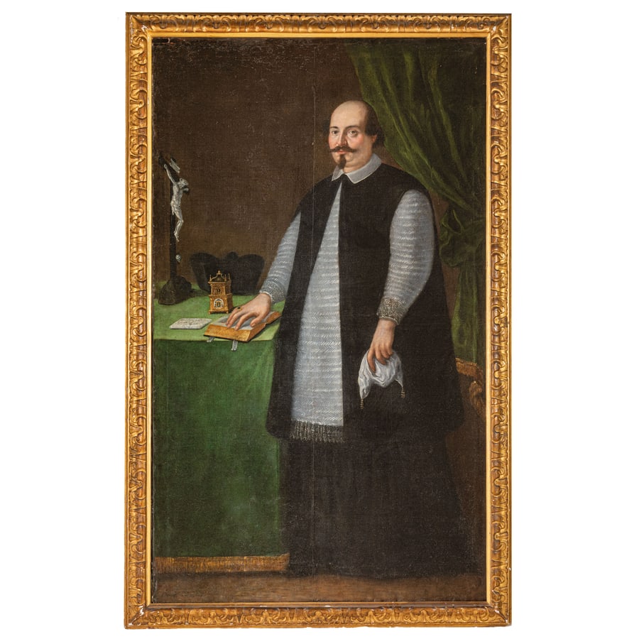 OTTAVIO LEONI: (Roma, 1578 - 1630) Ritratto di prelato Olio su tela, cm 199X119,5 Bibliografia: F. Petrucci, La Pittura di Ritratto a Roma, Il Seicento, Roma 2008, p. 630, fig. 373 (come Ottavio Leoni) Ottavio