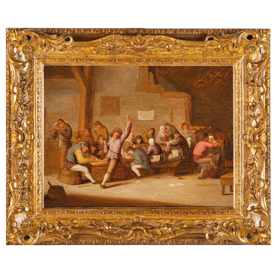 BARTHOLOMEUS MOLENAER: (Haarlem, 1618 - 1650) Interno di osteria Olio su tavola, cm 33,2X43,8 Provenienza: Den Haag, J. Gans (1944) Den Haag, C. Reijerse (1945) Delft (come Van Ostade) Spierdijk (1990) Londra, Christie's,