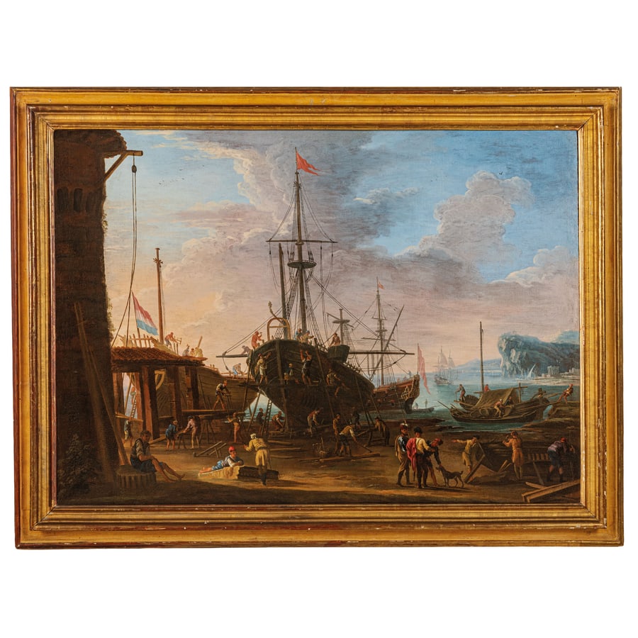 ADRIEN MANGLARD (attr. a): (Lione, 1695 - Roma, 1760) Cantiere navale Olio su tela, cm 97,7X135 Nato a Lione dove si formò con il pittore di figura Frère Imbert, Manglard si recò a Roma nel 1715, frequentando la 