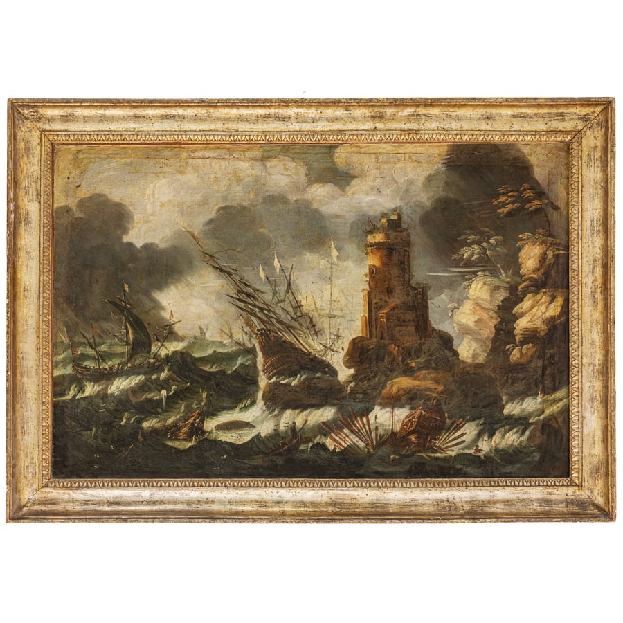 BARTOLOMEO PEDON: (Venezia, 1665 - 1732) Fortuna di mare Olio su tela, cm 81,5X126 Bartolomeo Pedon è uno dei paesaggisti più interessanti del panorama artistico veneto d'età barocca e le fonti