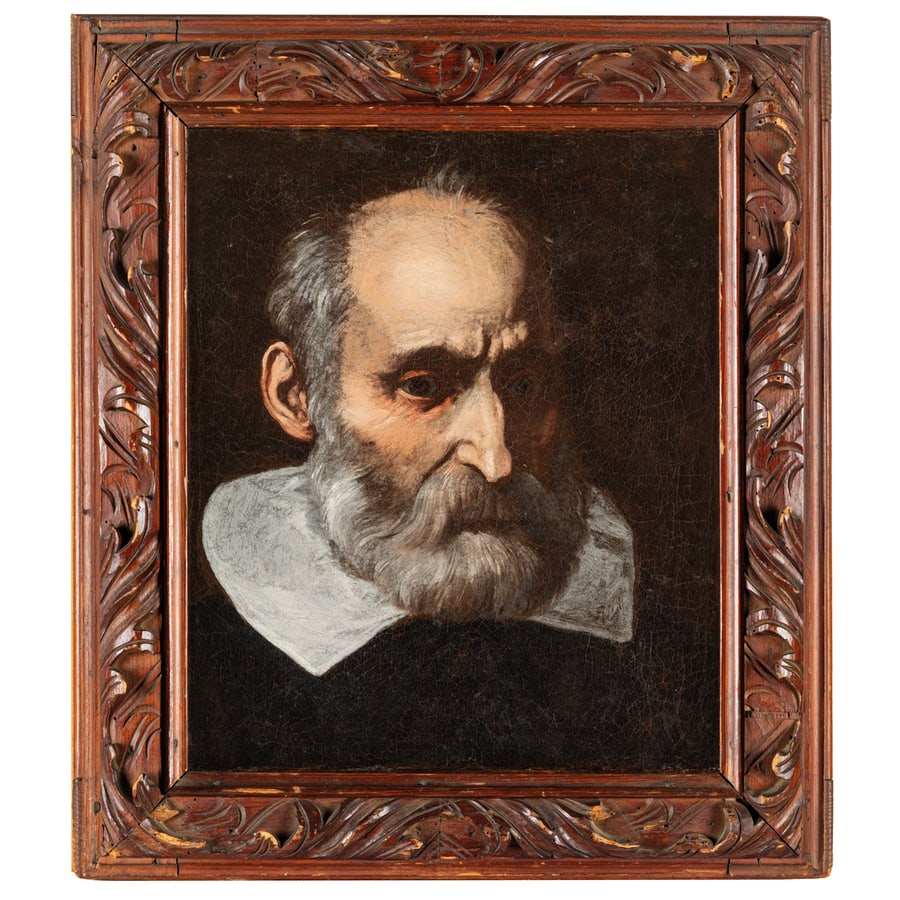 PITTORE VERONESE DEL XVII SECOLO: Studio di testa Olio su tela, cm 38X32,3 La tela qui presentata si può ricondurre con la dovuta prudenza al catalogo di Marcantonio Bassetti (Verona, 1586 ; 1630), artista allievo del Brusasorci