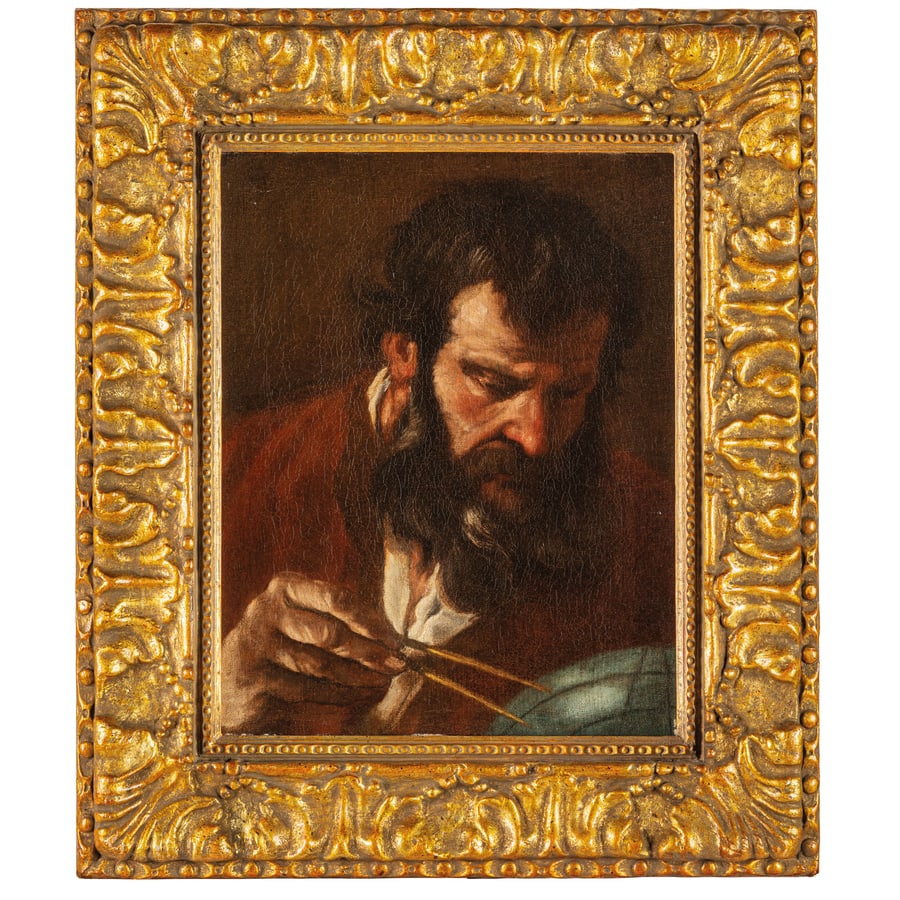 PITTORE CARAVAGGESCO DEL XVII SECOLO: Ritratto di astronomo Olio su tela, cm 43,5X34 Provenienza: Milano, collezione privata