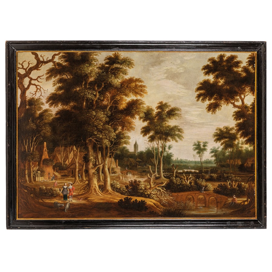 RAFA?L GOVERTSZ CAMPHUYSEN: (Gorinchem, 1597/1598 - Amsterdam, 1657) Paesaggio boscoso con figure Monogrammato in basso al centro sul ponte: 'RC' Olio su tela, cm 114,8X165,2 Provenienza: Amsterdam, Sotheby's, 13 maggio 2003,