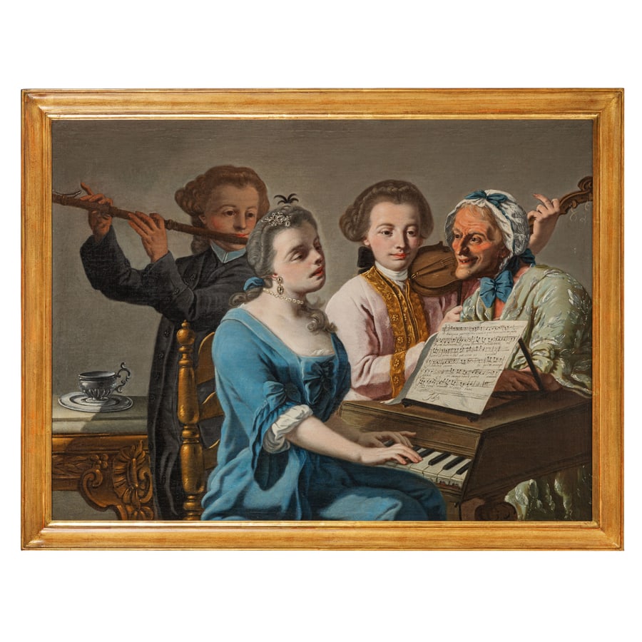 GASPARE VIZZINI: (attivo a Napoli e in Sicilia alla fine del XVIII secolo) Scena d'interno con concerto da camera Scena con musici popolani Olio su tela, cm 74,5X100,5 (2) Provenienza: Roma, collezione privata La