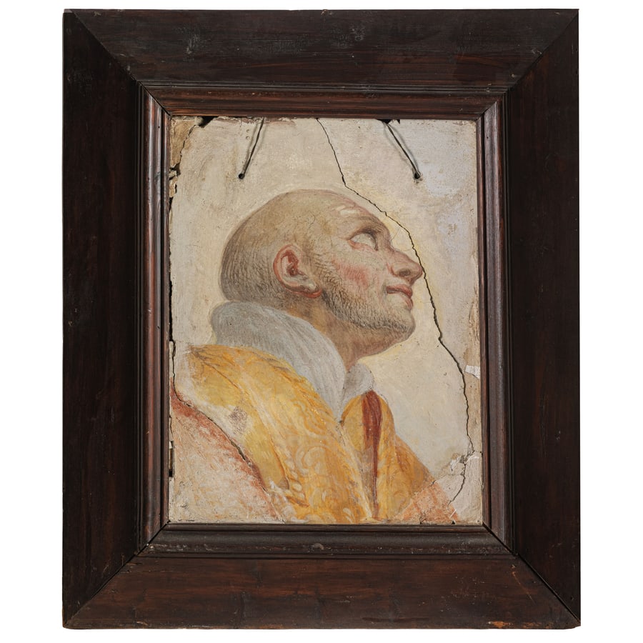 GIOVANNI ANDREA CARLONE: (Genova, 1639 - 1697) Sant'Ignazio di Loyola Affresco, cm 72X53,5 Bibliografia: G. Montanari, Sant'Ignazio ritrovato: un inedito frammento per lo scomparso affresco di Giovanni Andrea Carlone nel