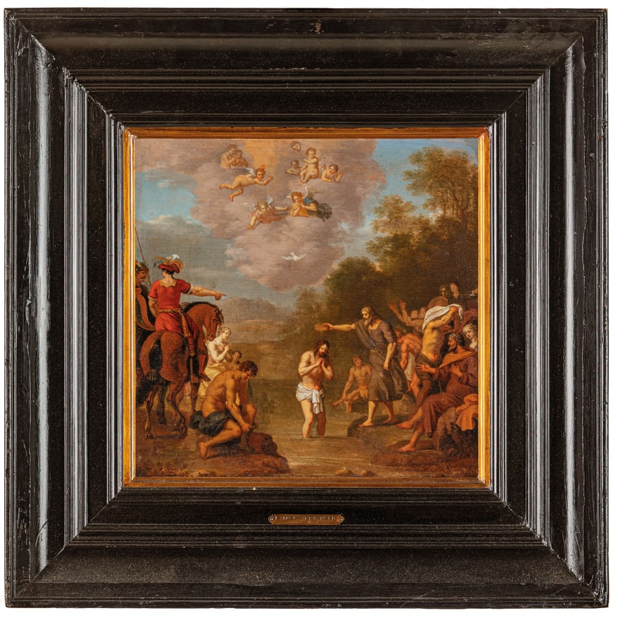 DANIEL VERTANGEN: (Amsterdam, 1610 - 1684) Battesimo di Cristo Siglato in basso a destra: 'DV' Olio su tavola, cm 34,7X35 Provenienza: New York, Sotheby's, 28 giugno 2001, lotto 117 (come Daniel Vertangen) Londra,