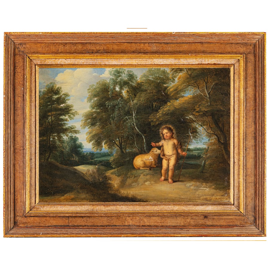 PIETER VAN AVONT II: (Mechelen, 1600 - Deurne, 1652) Paesaggio con San Giovannino e l'agnello Firmato in basso a destra Olio su tela, cm 33,5X47 Provenienza: Collezione Lady Davies Collezione Duca di Northumberland