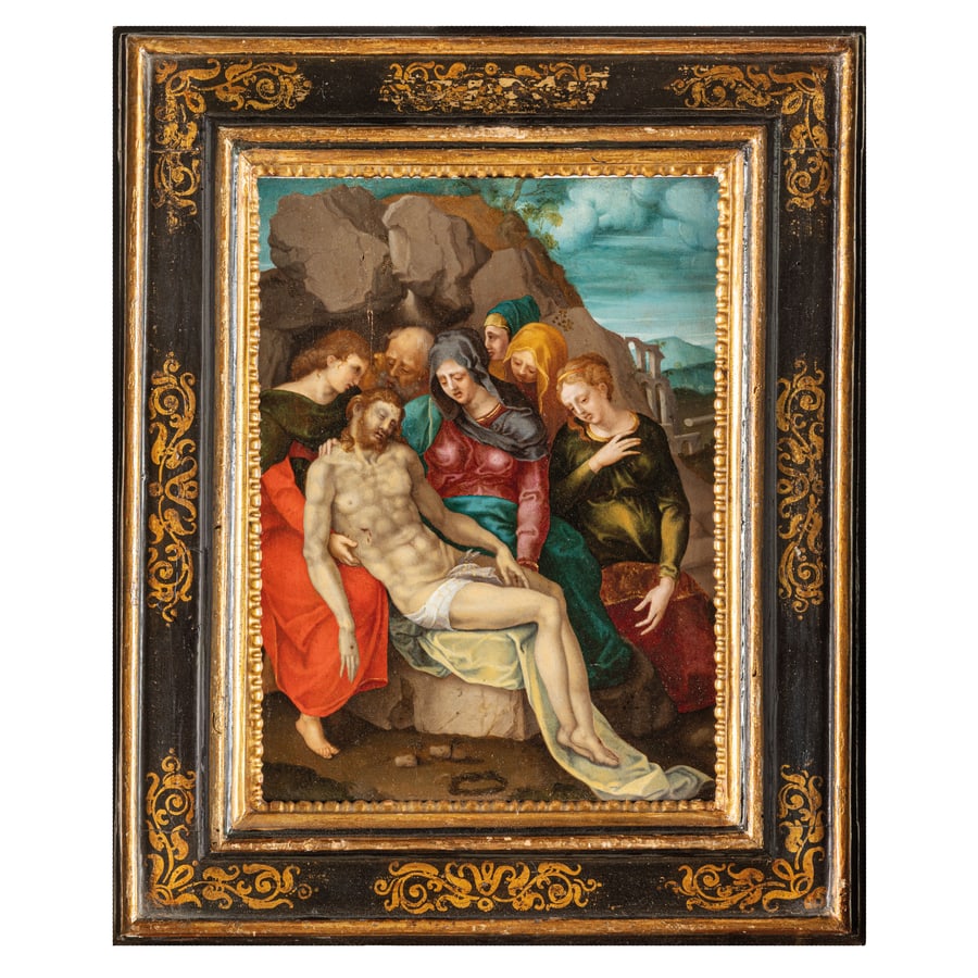 PEDRO MACHUCA (seguace di): (Toledo, 1485 - 1550) Deposizione Olio su tavola, cm 31,2X24 Provenienza: Londra, Christie's, 2 ottobre 1995, lotto 37 (come seguace di Pedro Machuca) Milano, collezione privata Già riferita a