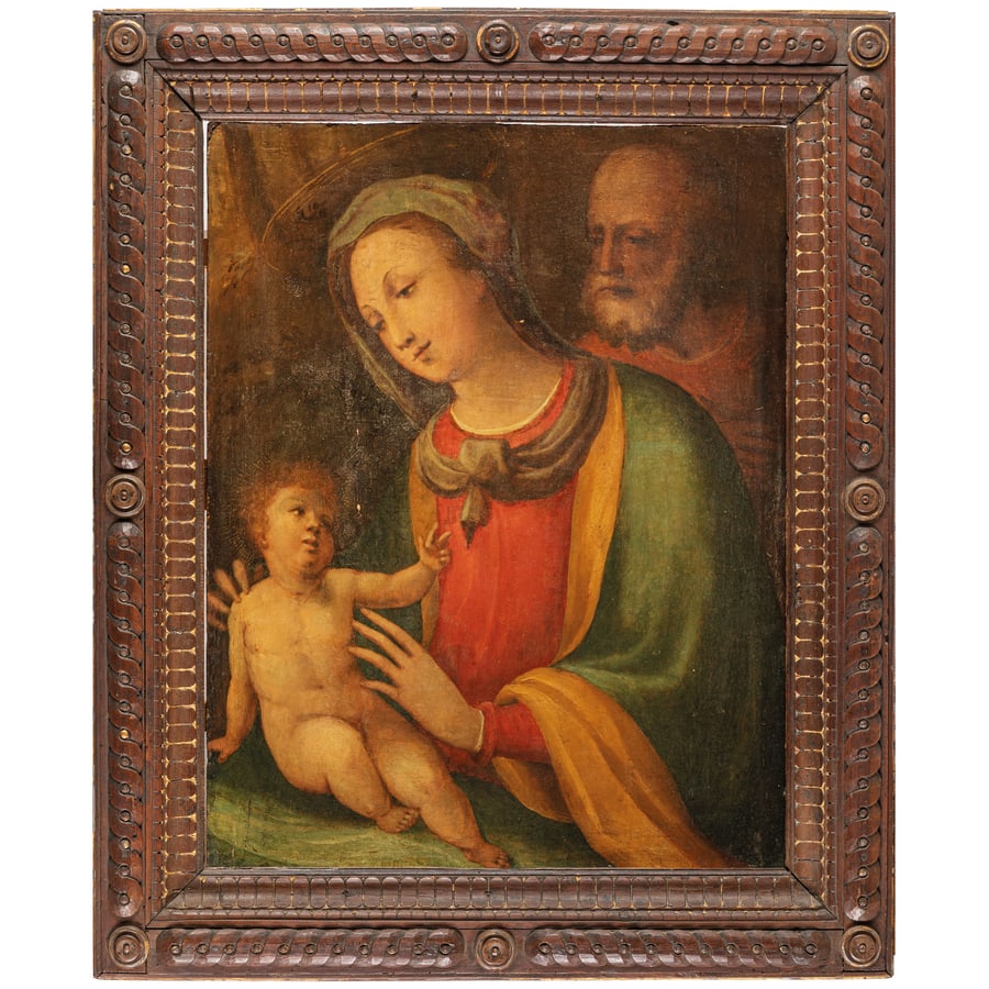 MAESTRO DELLE FIGURE FIAMMANTI: (attivo a Siena durante la seconda metà del XVI secolo) Sacra Famiglia Olio su tavola, cm 71X55 Provenienza: Siena, collezione Chigi Saracini (secondo le indicazioni di Federico Zeri) New York,