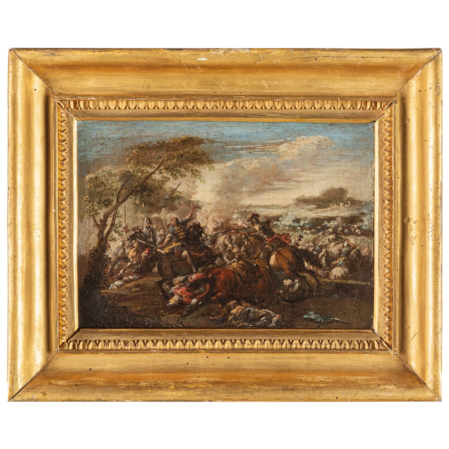 FRANCESCO GRAZIANI: (attivo a Roma e Napoli nel XVIII secolo) Battaglia tra cavallerie europee Battaglia tra cavallerie turche e cristiane Olio su tela, cm 24X32,7 (2) Le tele qui presentate spiccano per la bella