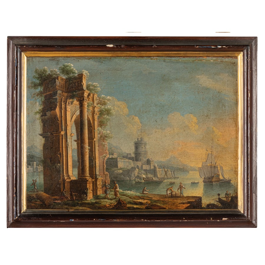 GENNARO GRECO: (Napoli, 1663 - 1714) Capricci architettonici Olio su tela, cm 36X50,2 (2) Inscritto sul verso della tela: 'Del Conte Masalteno?' Provenienza: Milano, collezione privata La luce che traspare in elegan