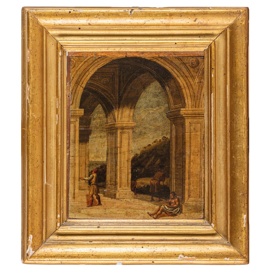 AGOSTINO TASSI: (Ponzano Romano, 1580 circa - Roma, 1644) Coppia di capricci architettonici con figure (1603) Olio su tavola, cm 21,2X17,5 (2) Bibliografia: P. Cavazzini, Agostino Tassi, Quaderni del Barocco, 23, 201