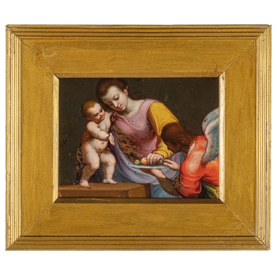 DOMENICO CRESTI detto IL PASSIGNANO (attr. a): (Passignano, 1559 - Firenze, 1638) Madonna con il Bambino e angelo Olio su rame, cm 12X16. Lotto senza riserva Provenienza: Roma, collezione privata 'In prima riga fra' più gran maestri' secondo