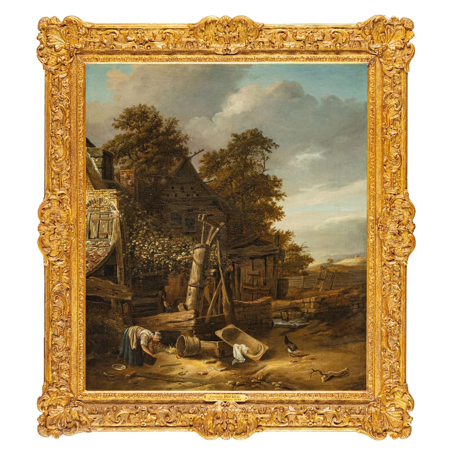 CORNELIS GERRITSZ DECKER: (1625 circa - Haarlem, 1678) Paesaggio con fattoria Firmato e datato in maniera indistinta: 'C. Decker 1644' Olio su tela, cm 80X68 Provenienza: Amsterdam, Sotheby's, 8 maggio 2001, lotto 61 (come