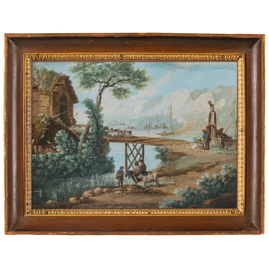 GIUSEPPE BERNARDINO BISON: (Palmanova, 1762 - Milano, 1844) Paesaggio Tempera su carta, cm 39X53,5 Lo stato di conservazione permette un'accurata lettura dell'opera e consente di godere a pieno della sua qualità estetica,
