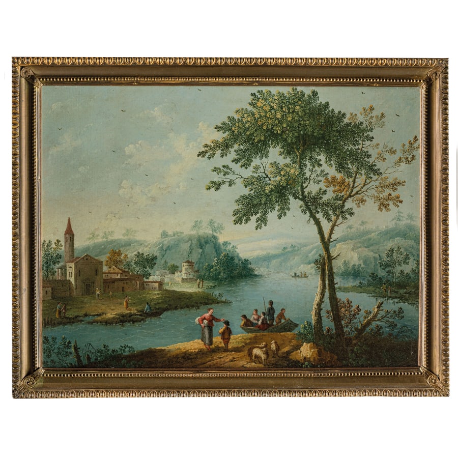 GIOVAN BATTISTA CIMAROLI: (Salò, 1687 - Venezia, 1753) Coppia di paesaggi Olio su rame argentato, cm 29X39 (2) Provenienza: Milano, collezione privata Le opere qui presentate sono dipinte a olio su rame con una preziosa p