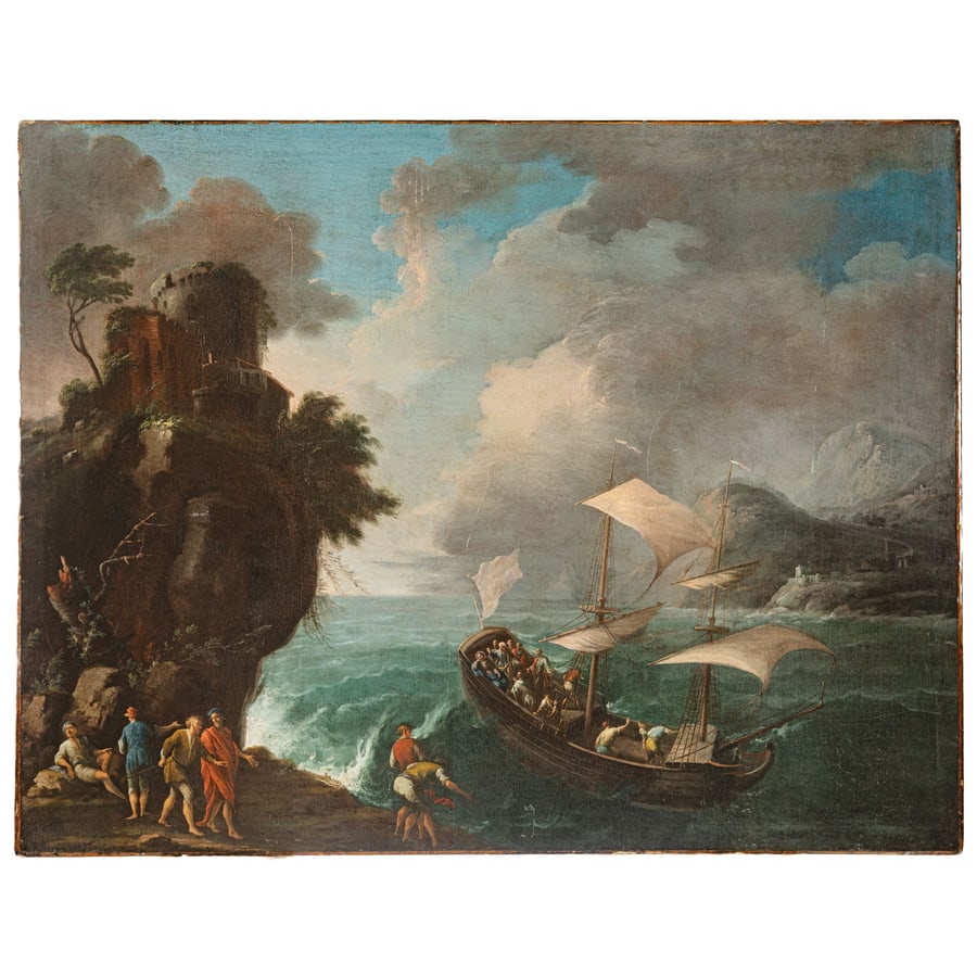 JEAN-BAPTISTE LALLEMAND (attr. a): (Digione, 1716 - Parigi, 1803) Cristo nella tempesta Olio su tela, cm 99,5X127 Formatosi nella bottega di Giovanni Niccolò Servandoni (Firenze, 1695 ; Parigi, 1766), artista allievo di Pannini tr