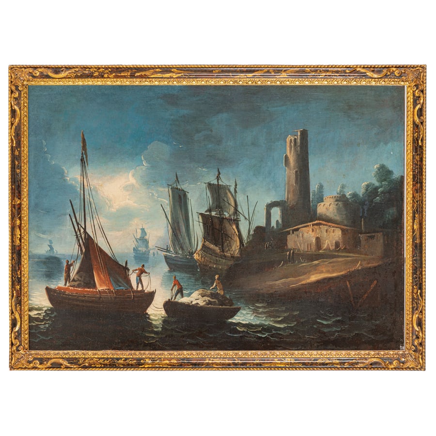 PAOLO MARIA ANTONIANI: (Milano, 1735 - Torino, 1807) Veduta costiera con torre e vascelli Olio su tela, cm 94,5X133,5 Provenienza: Milano, Sotheby's, 30 novembre 2004, lotto 18 (come Paolo Maria Antoniani) Raffigurante una 