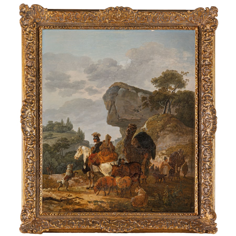 MICHEL HAMON DUPLESSIS: (attivo a Versailles verso il 1770 - dopo il 1799) Paesaggio rupestre con viaggiatori e animali Firmato in basso a destra 'M.H. Duplessis' Olio su tavola, cm 46X38,2 Provenienza: Londra, Sotheby's, 7